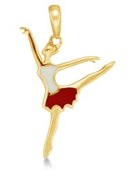Solid 14K Yellow Gold Dancing Ballerina Dancer Enamel Ladies Pendant Charm (Height = 3/4" , Width = 3/4")