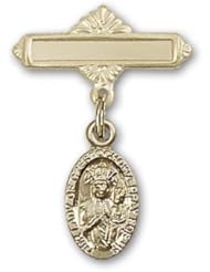 14kt Gold Baby Badge with O/L of Czestochowa Charm and Polished Badge Pin