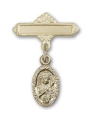 Gold Filled Baby Badge with Our Lady of Czestochowa Charm and Polished Badge Pin