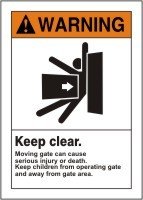 WARNING Keep Clear. Moving Gate Can Cause Serious Injury Or Death. Keep Children From Operating Gate And Away From Gate Area. (w/Graphic) 14 x 10 Aluminum Sign