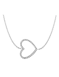 Sideways Horizontal Heart Shape Pendant Clear Cubic Zirconia CZ Sterling Silver Chain Necklace 15"