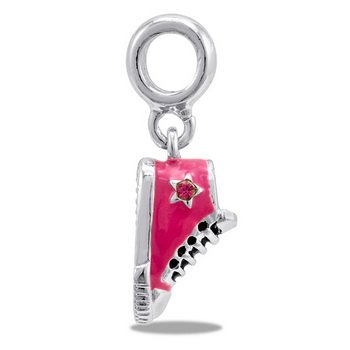 DaVinci Hot Pink Sneaker Hightop Shoe Dangle with Pink CZ Accent European/Memory Dangle Charm/Bead Double Sterling Layered Bead - Fits Pandora Bracelets