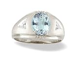 14K White Gold Genuine Oval Aquamarine and Diamond Men's Ring