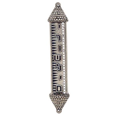 Alef JudaicaPewter Mezuzah - Triangular Ball Ends with Vertical 'Jerusalem' - Jagged Edge and Cubic Zirconia Stones Design