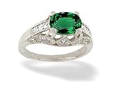 14K White Gold Oval Created Emerald and Diamond Antique Style Ring