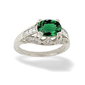 14K White Gold Oval Created Emerald and Diamond Antique Style Ring by 