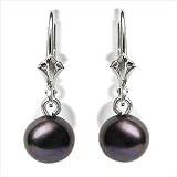 14K white gold Black Dangle Freshwater cultured pearl earrings