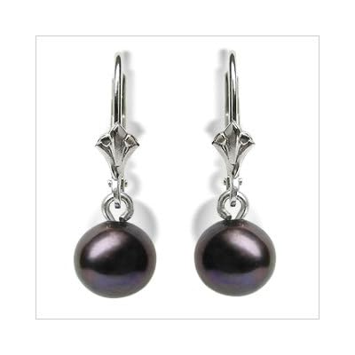 14K white gold Black Dangle Freshwater cultured pearl earrings