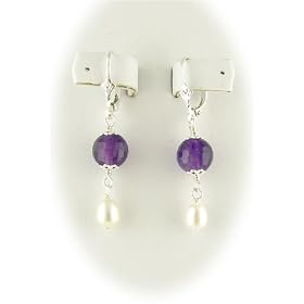 Faceted Amethyst Gemstone Freshwater Pearl Sterling Silver Earrings e1215