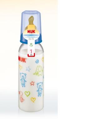 NUK Classic BPA Free Orthodontic Bottle 9 Oz - Latex Nipple Size 1 - 0+ Months - Boy Colors