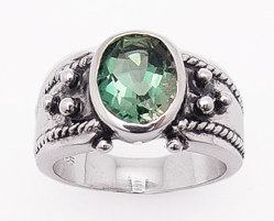 Mens Large Green Topaz Gemstone Sterling Silver Ring (Size 6,7,8,9)