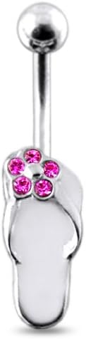 Pink Gem Flower on Slippers Silver Belly Ring Body jewelry
