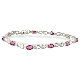 14K White Gold Genuine Oval Pink Tourmaline and Diamond Bracelet by Pink-Tourmaline Bracelets
