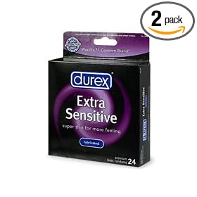 Click here to buy Durex Extra Sensitive Lubricated Condoms, 24-Count Boxes (Pack of 2).
