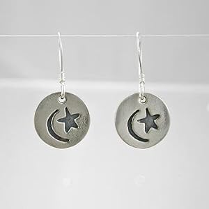 Round Moon and Star Dangle Earrings in Sterling Silver, #9231