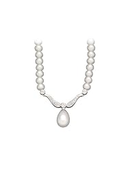 14K White Gold 1/10 ct. Diamond and Button Pearl Fashion Necklace - 16"