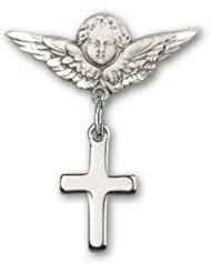 Sterling Silver Baby Badge with Cross Charm and Angel with Wings Badge Pin