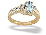 14K Yellow Gold Genuine Oval Aquamarine and Diamond Ring