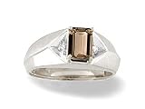 14K White Gold Genuine Emerald-cut Smoky Quartz and Diamond Men's Ring