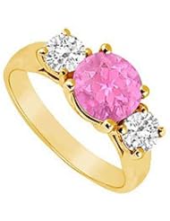 Three Stone Pink Sapphire and Diamond Ring 14K Yellow Gold - 1.75 TGW