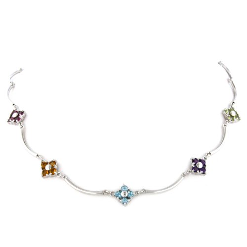 14K White Gold Wave Bars Necklace w Multicolor Stones 16''