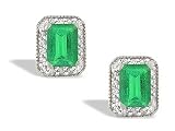 14K White Gold Genuine Emerald-cut Emerald and Diamond Earrings