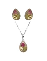 Sterling Silver Pressed Flower Teardrop Earrings and Matching Pendant Necklace Set, 16"