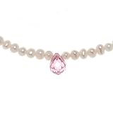 Sterling Silver Genuine Pearl 16in - 18in Necklace with Pink CZ Drop Center Briolette