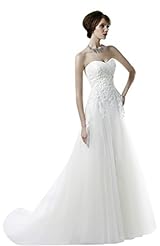 A-line Full Length Lace-Up Applique Tulle Wedding Dress  with a Brush/Sweep Train 