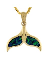 14K Gold Solid Blue Green Opal Whale Tail Pendant