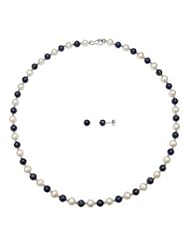 6-7mm White Freshwater Pearl, Blue Lapis, and Sterling Silver Beads Necklace and Lapis Stud Earrings Set, Free Shipping and Gift Box