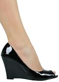Sexy Sassy Vintage Sophisticated Open Toe Patent Wedge from Hot Fash Shoes - ESCAPE Black