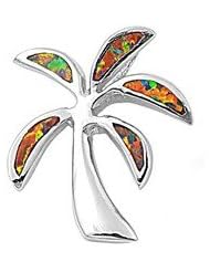 Sterling Silver Black Lab Opal Palm Tree Pendant Fashion Charm Pure 925 New 22mm with 1mm Ball Bead Chain