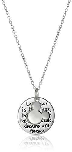 Disney Sterling Silver Circle Disc “Laughter is Timeless, Imagination Has No Age and Dreams are Forever” with Mickey Mouse Charm Pendant Necklace, 18″
