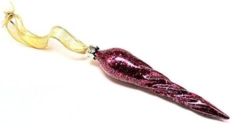 Glitter Icicle Ornament- Burgundy Glitter Glass Christmas Tree Decoration with Gold Ribbon