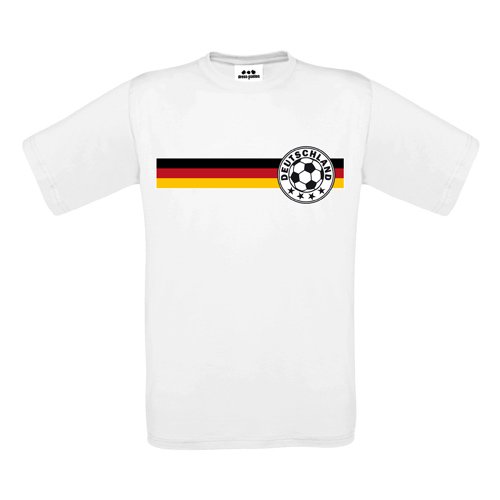 Kids – Kinder T-Shirt – Fußball Logo auf Deutschlandfahne in SCHWARZ ROT GOLD – Textil white / Motiv farbig Gr. 98/104