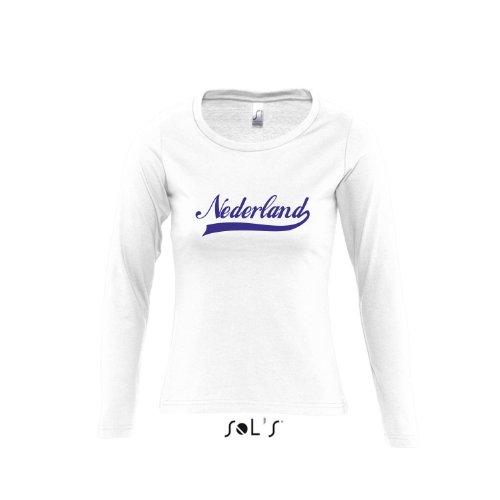 Nederland Oldschool Holland Oranje LÄNDERSHIRT EM / WM FAN Trikot – Damen Langarm Longsleeve T-Shirt S-XL , White – blau , S
