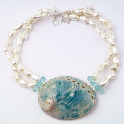 Meg Carter Designs: The Curtain Bluff necklace in Blue Abalone Shell, Mother of Pearl Nuggets, Blue Calcite and Freshwater Pearls.