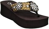 31HE8kjmfqL. SL160  Grazie Trapani Gold Antique Sandals Ladies Flip Flops Brown Wedge Sole Round Antique Conchos Clear Crystals Bronze Studs