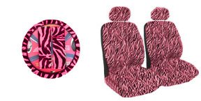 7 Piece Safari Animal Print Auto Interior Gift Set - 2 Pink Zebra Low Back Front Bucket Seat Covers, 2 Separate Headrest Covers, 1 Pink Zebra Steering Wheel Cover, and 2 Pink Zebra Shoulder Harness Pressure Relief Cover