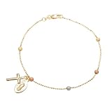 Duragold 14k Tri-Color Beads on Beaded Chain with Cross and Guadalupe Bracelet, 7.5