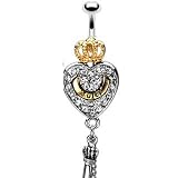 Stainless Steel Clear Cz Heart Dangle Gold Plated Crown Juicy and Key Belly Button Navel Dangle Ring 14 Gauge B46