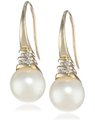 10k Yellow Gold Freshwater Cultured Pearl Diamond Charm Earrings (0.05 cttw, G-H, I1 I2 Clarity)