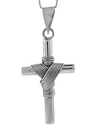 Sterling Silver Large Wire Wrapped Tube Cross Pendant Handmade, 2 1/8 inch