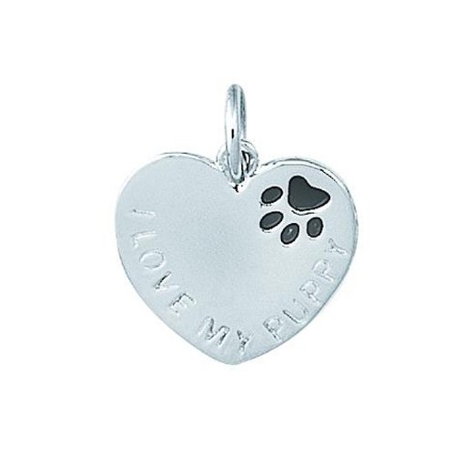 Sterling Silver I LOVE MY PUPPY HEART WITH BLACK ENAMEL PAW PRINT Charm