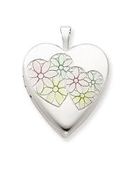 Genuine .925 Sterling Silver 20mm Satin & Enameled Hearts & Flower Heart Locket. 100% Satisfaction Guaranteed.