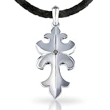 Flue de lis Pendant in Sterling Silver with .07ct Black Diamond and High Polish Finish. Including 24 Braided Leather Cord.