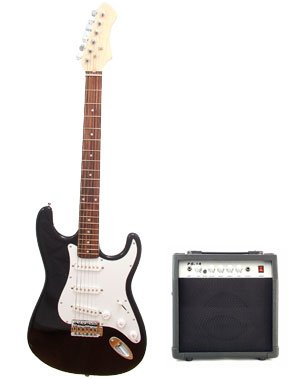 MusicalInstruments: Austin Bazaar Double Cutaway Electric Guitar in Black with 10 Watt Amp   Beginner Kit