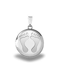 Sterling Silver "Baby Footprints" Round Picture Locket - 3/4 Inch x 3/4 Inch and 1 Inch x 1 Inch