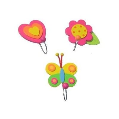 Set of 3 Girl Coat Hooks; Butterfly, Flower, Heart
